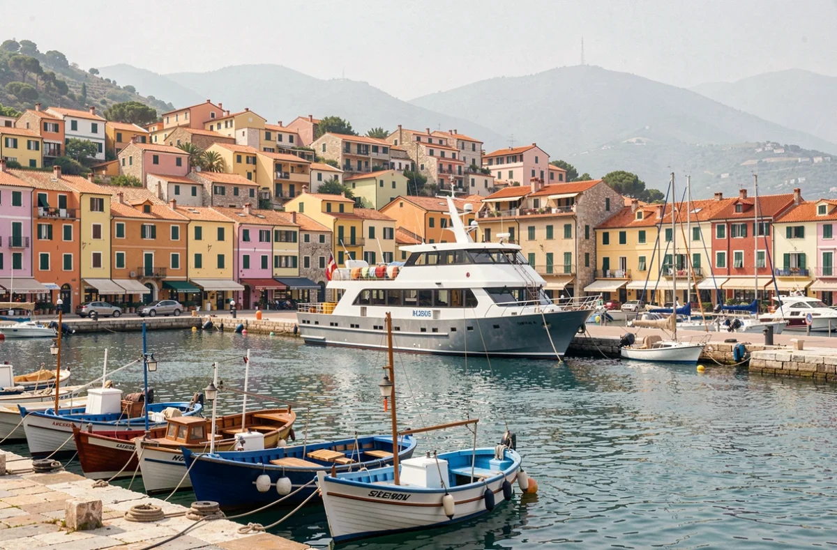 Navire de croisière ancré dans un port méditerranéen pittoresque avec des maisons colorées sur la colline