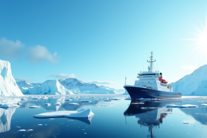 Navire moderne traversant eaux calmes en Antarctique avec icebergs