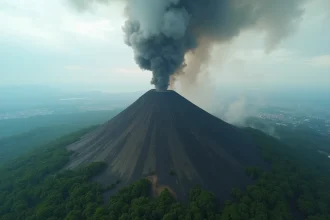 Vue aérienne du volcan Nyiragongo en éruption avec une colonne de fumée et de cendres s'élevant au-dessus de Goma et du lac Kivu en arrière-plan