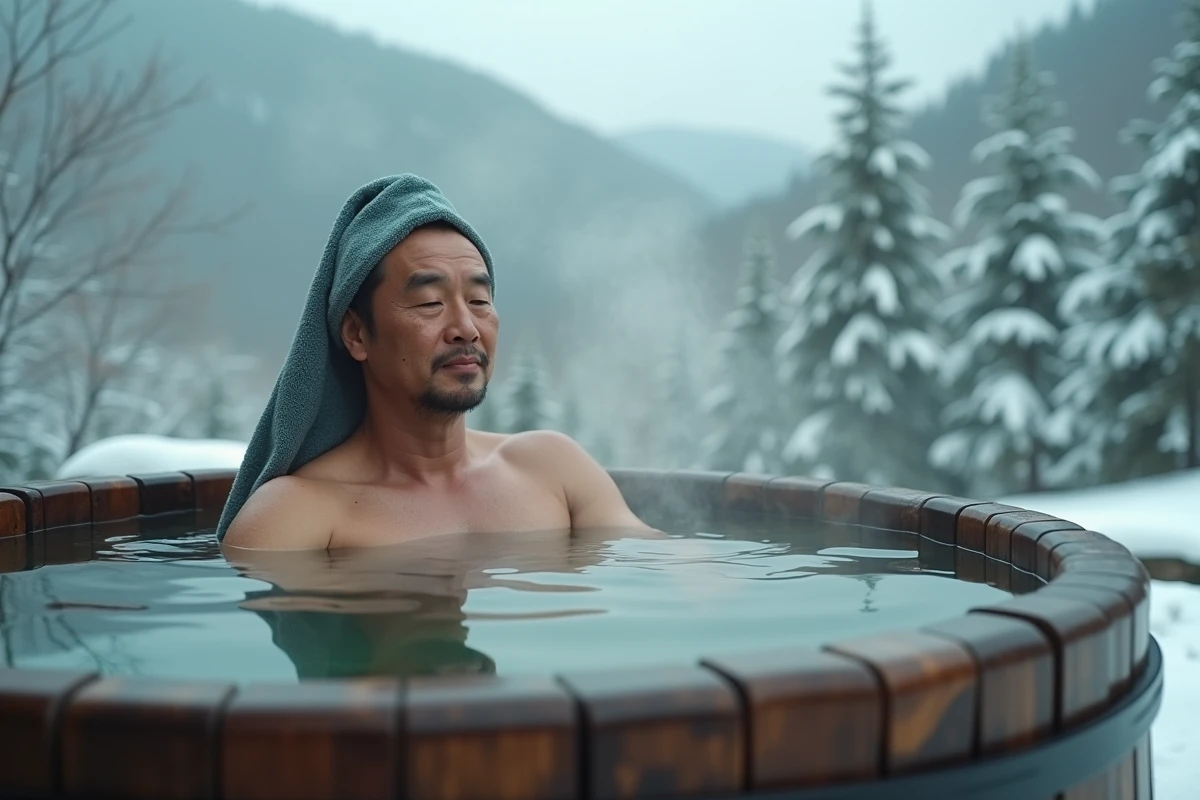 Homme japonais se relaxant dans un bain de bois traditionnel en plein air avec vue sur les montagnes enneigées de Nozawa Onsen