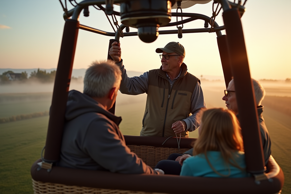Opérateur de montgolfière donnant des instructions au lever du jour