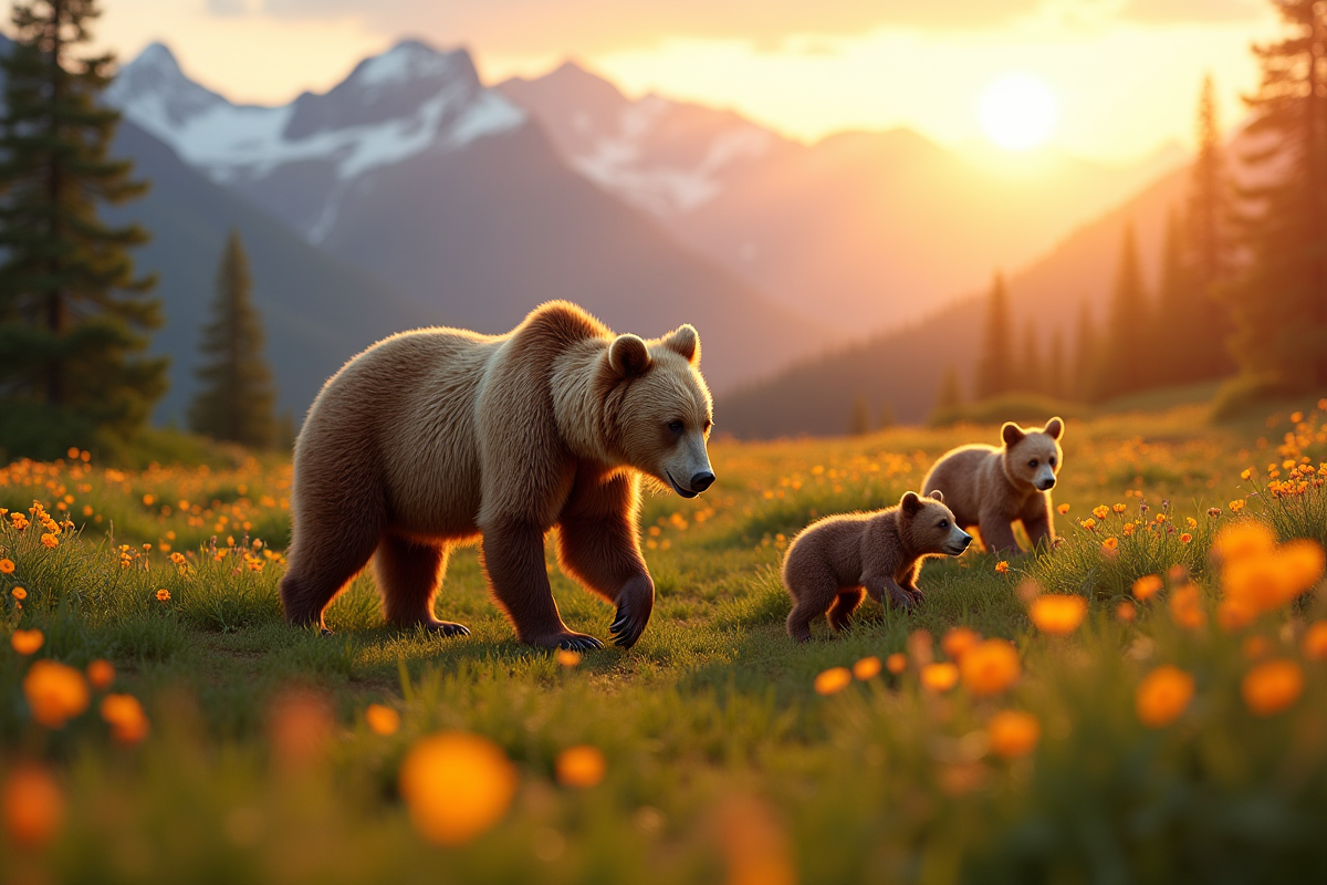 Ours et ses petits dans un paysage norvégien au coucher de soleil