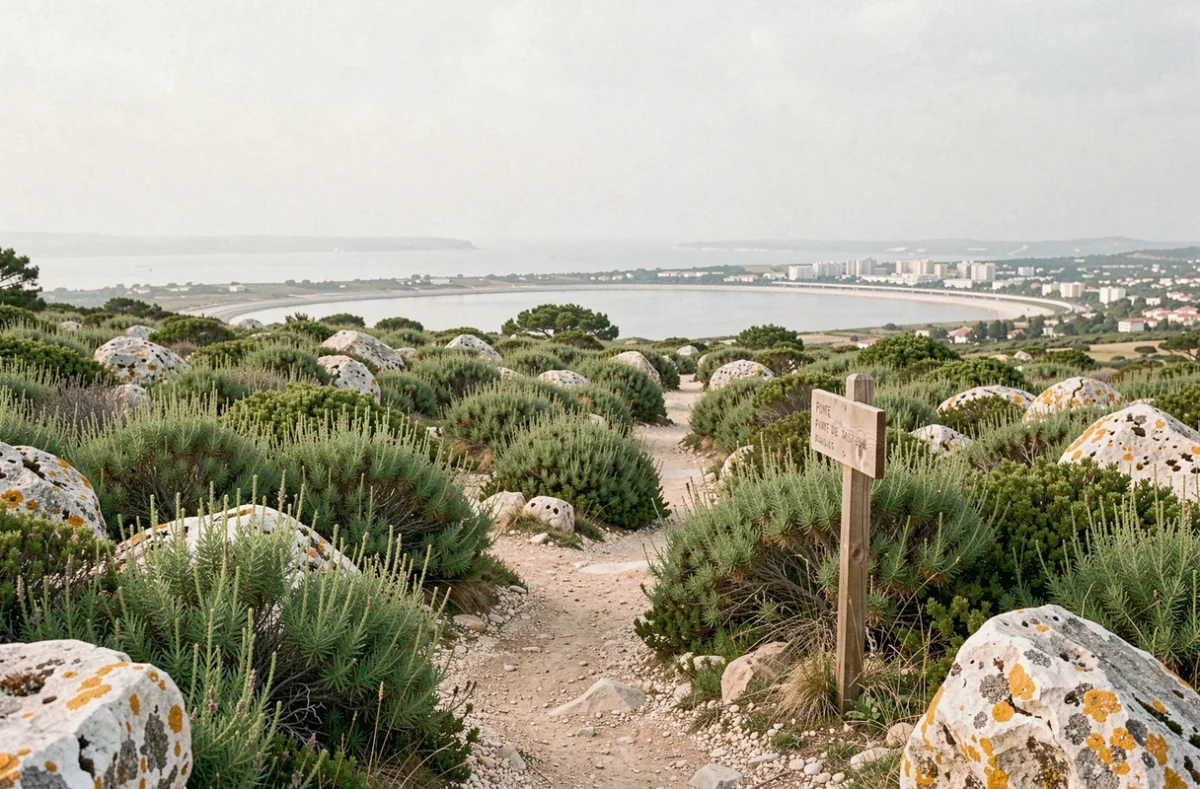 Vue panoramique du sentier de la Pointe du Salaison avec signalétique randonnée et lagune en arrière-plan