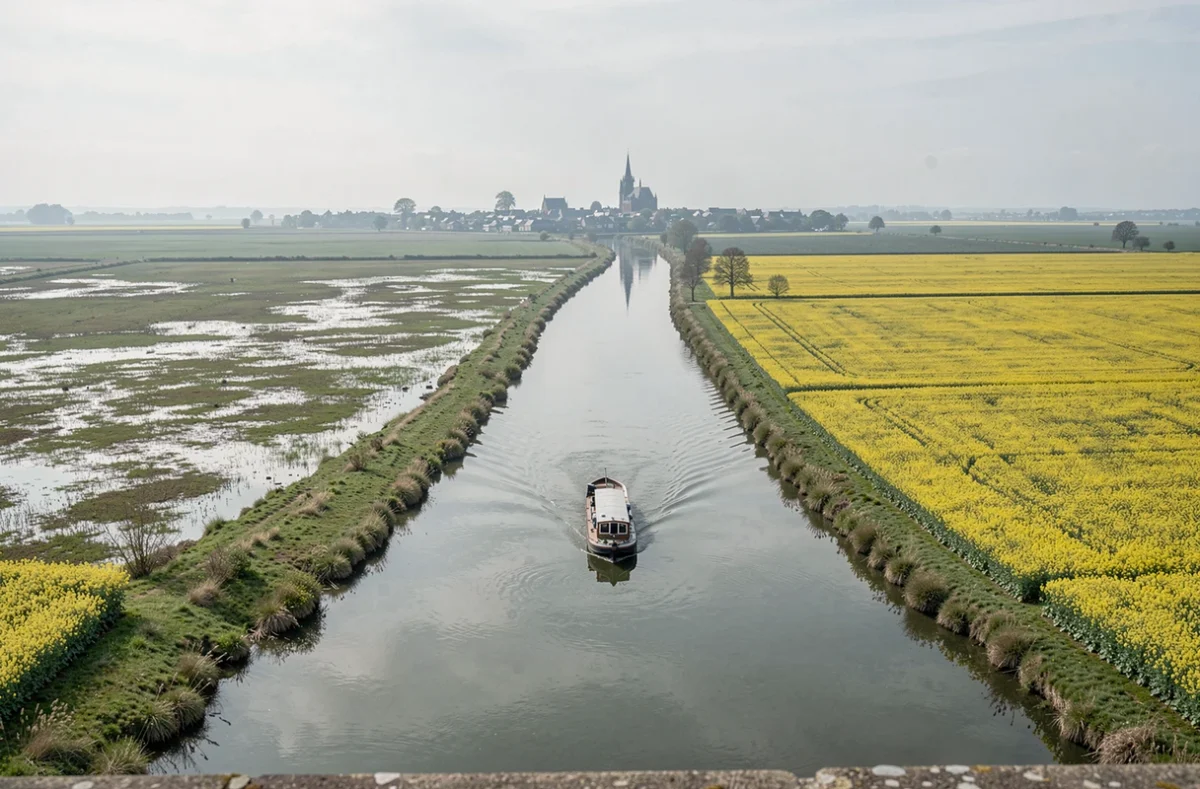 Vue panoramique de la rivière Somme et de ses marais en Picardie avec un bateau de croisière fluviale