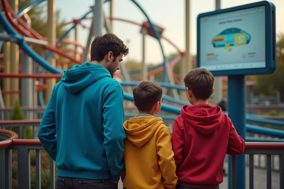 Père et fils regardant un écran dans un parc d