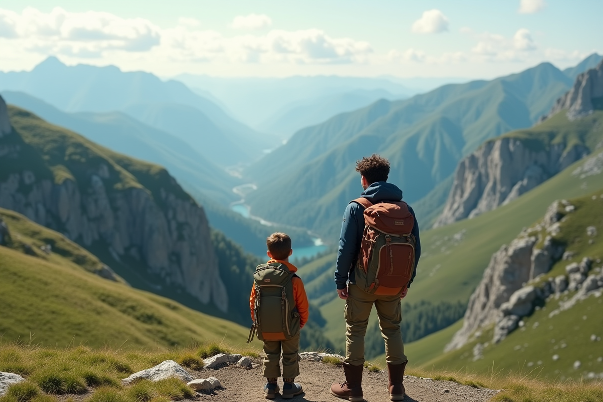 Père et fils admirant le panorama en montagne