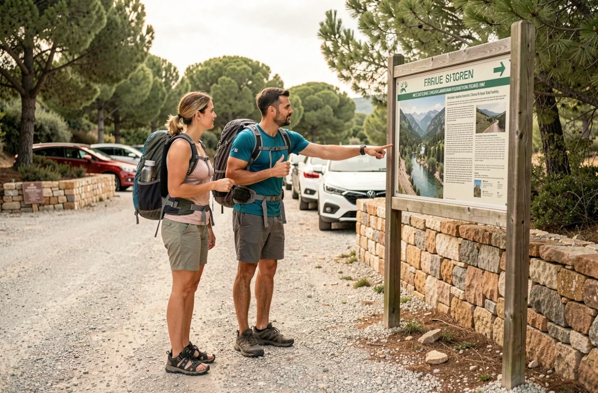 Randonneurs consultant un panneau d'information réglementaire à l'entrée du parking de la cascade de la Vis en 2026