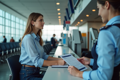 Femme montrant son passeport au comptoir d'aéroport