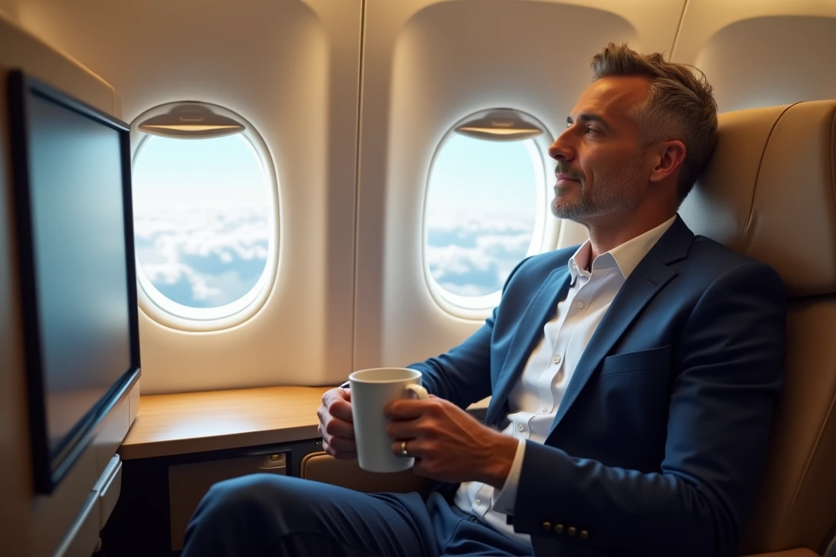 Passager en classe affaires Etihad Airways regardant par le hublot avec une tasse de café, ambiance voyage premium