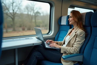 Passagère confortable à bord d'un train French Bee, regardant par la fenêtre avec un ordinateur ouvert sur la tablette