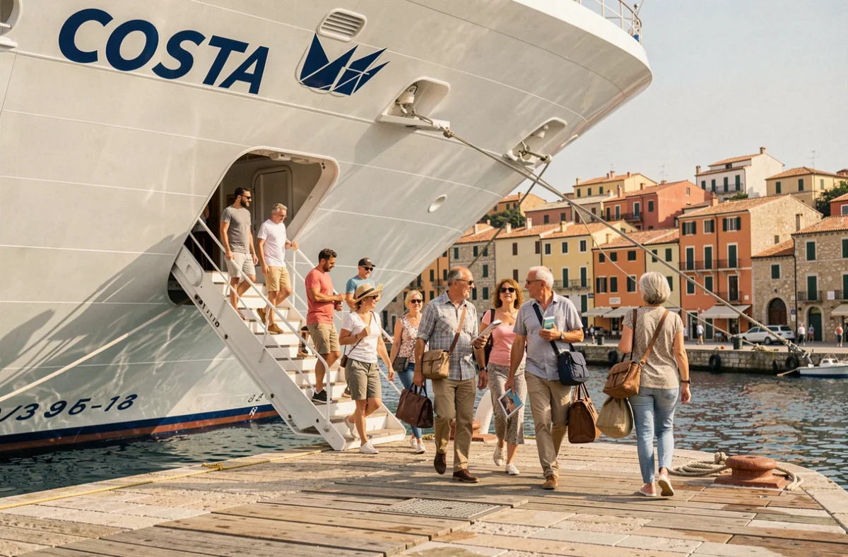Groupe de passagers débarquant d'un navire Costa Croisières dans un port méditerranéen historique