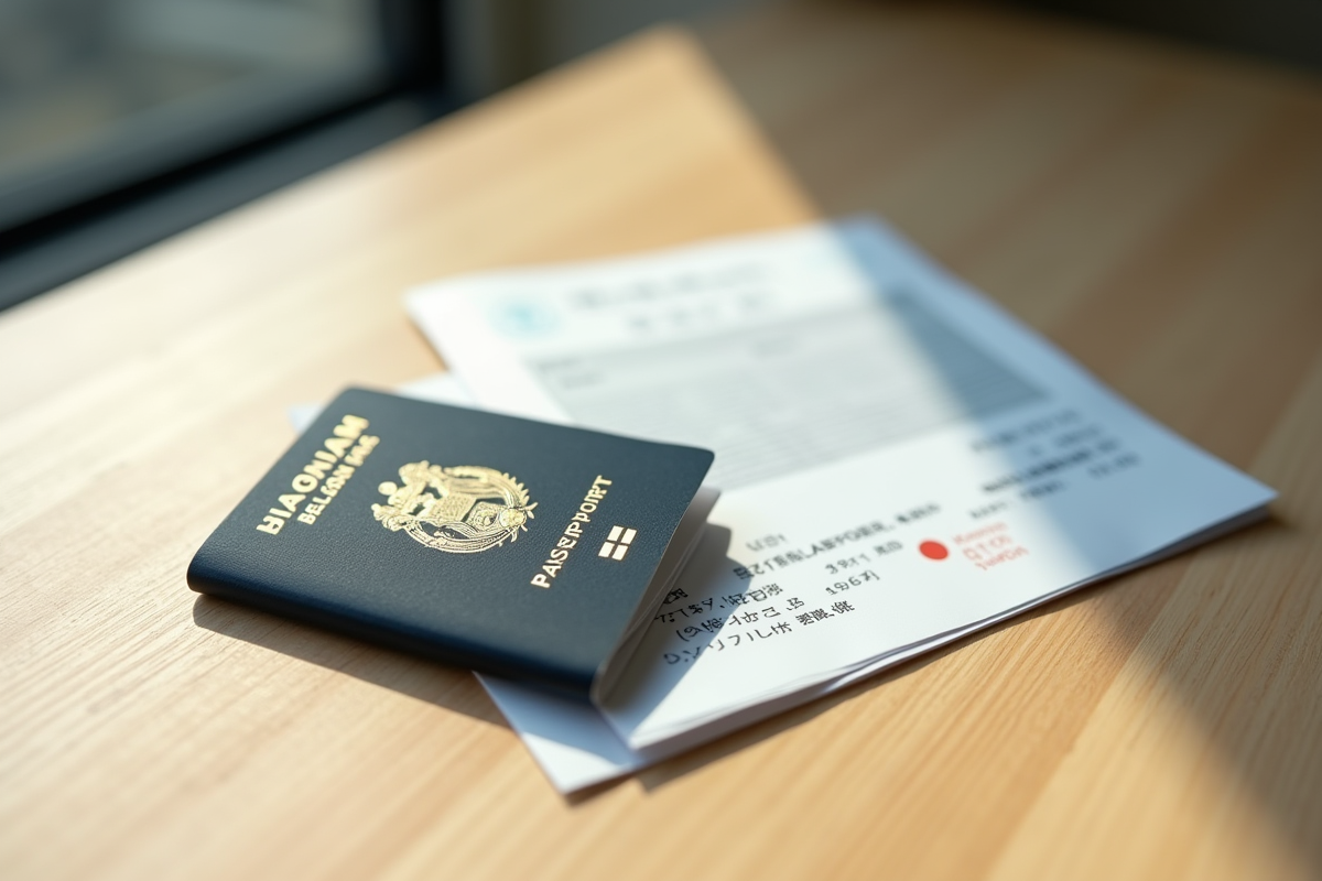 Passeport belge et documents de visa japonais sur une table