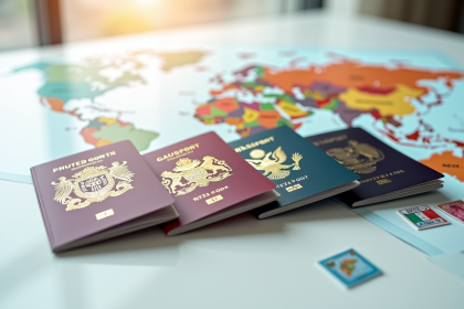 Passeports de plusieurs pays sur une table blanche lumineuse