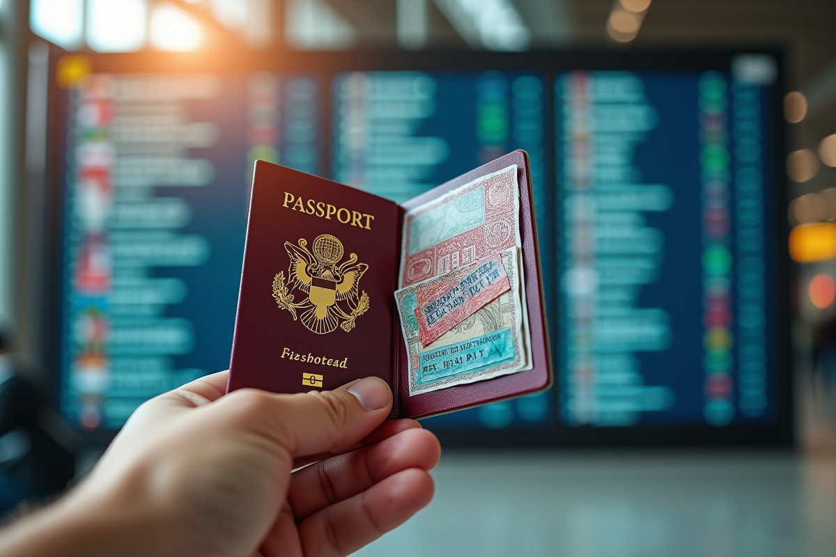 Main tenant un passeport avec visas devant un tableau d