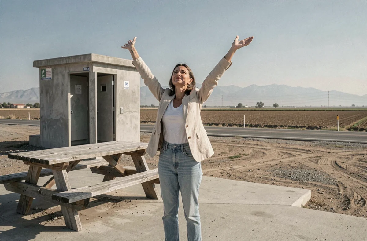 Femme faisant une pause étirement dans une aire de repos sur la route entre Los Angeles et San Francisco pour éviter la fatigue au volant