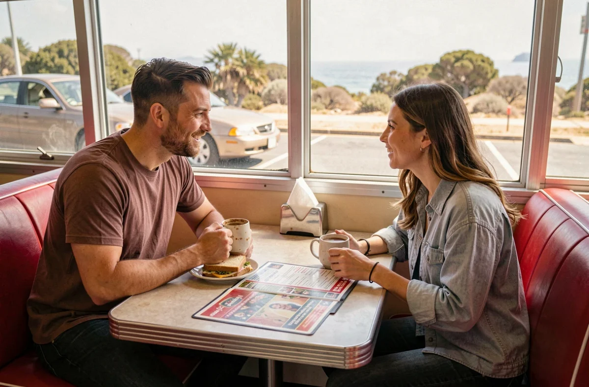 Deux voyageurs prenant une pause café dans un diner américain typique lors d'un road trip entre Los Angeles et San Francisco pour lutter contre la fatigue