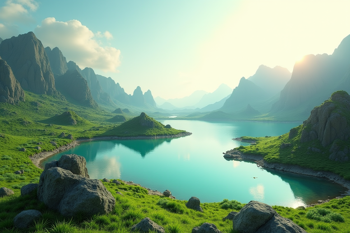 Paysage d'une exoplanete habitable avec végétation luxuriante