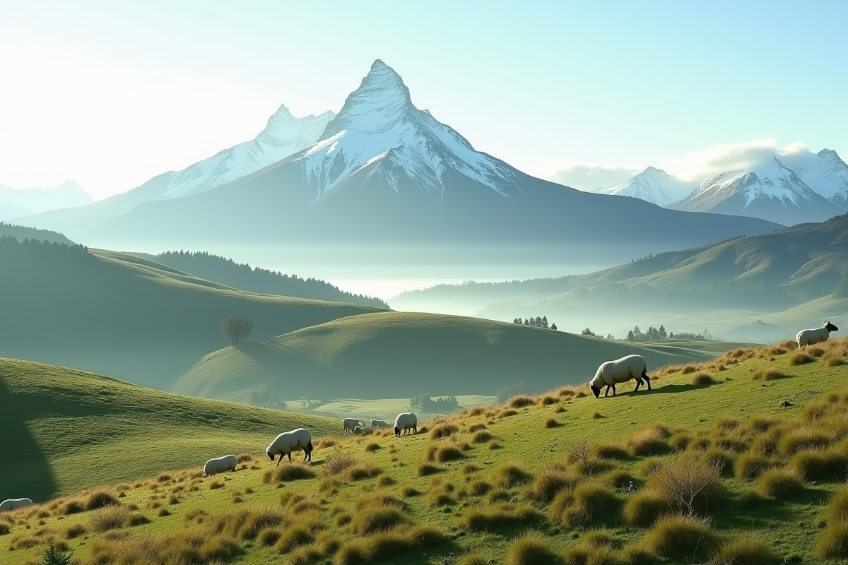 Campagne tranquille en Nouvelle Zélande avec collines et moutons