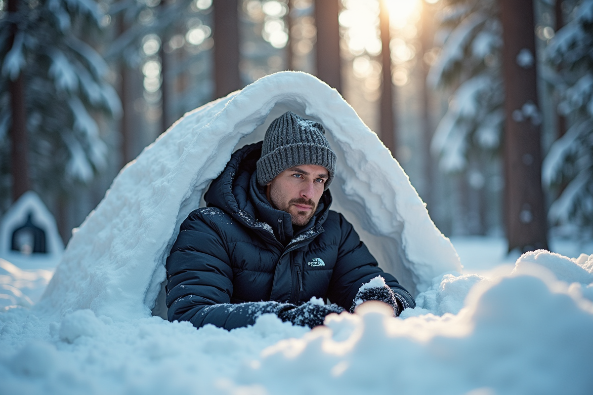 Personne construisant un abri de neige dans la forêt enneigee