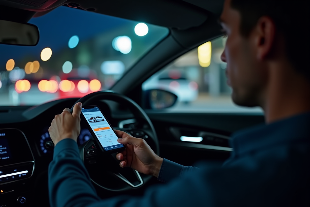 Personne utilisant smartphone dans une voiture la nuit