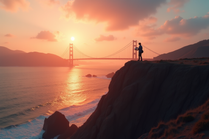 Pilote de drone sur une falaise au coucher de soleil avec le pont Golden Gate