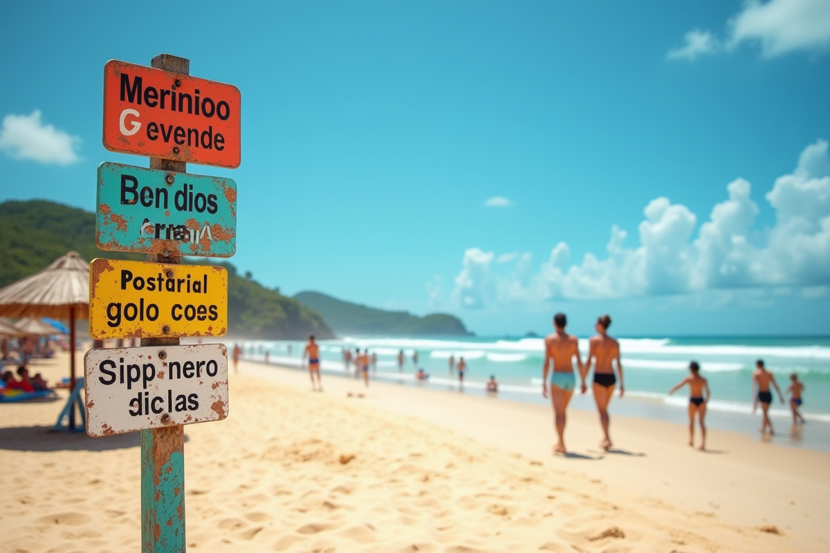 Plage brésilienne ensoleillée avec panneaux de danger colorés