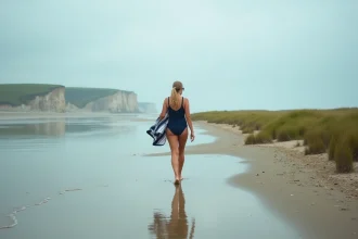 Femme se promenant sur la plage des marais de Pennedepie à marée basse en Normandie