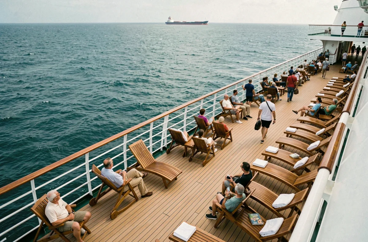 Vue aérienne du pont promenade d'un paquebot de croisière tour du monde avec passagers et océan à perte de vue