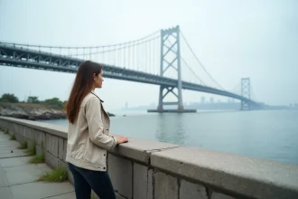 Femme admirant le pont Verrazzano-Narrows depuis le bord de l'eau à Staten Island, New York