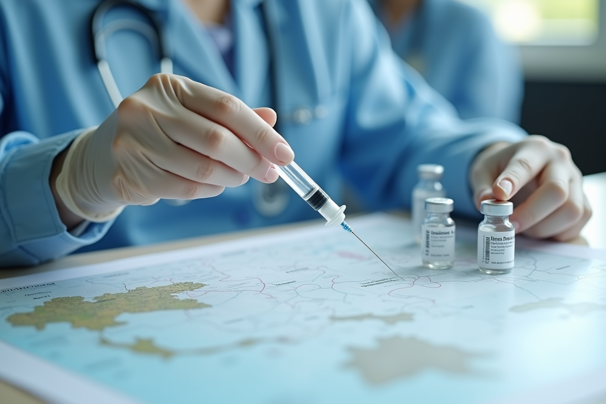 Professionnel médical préparant une seringue avec vaccins et carte de Thailande