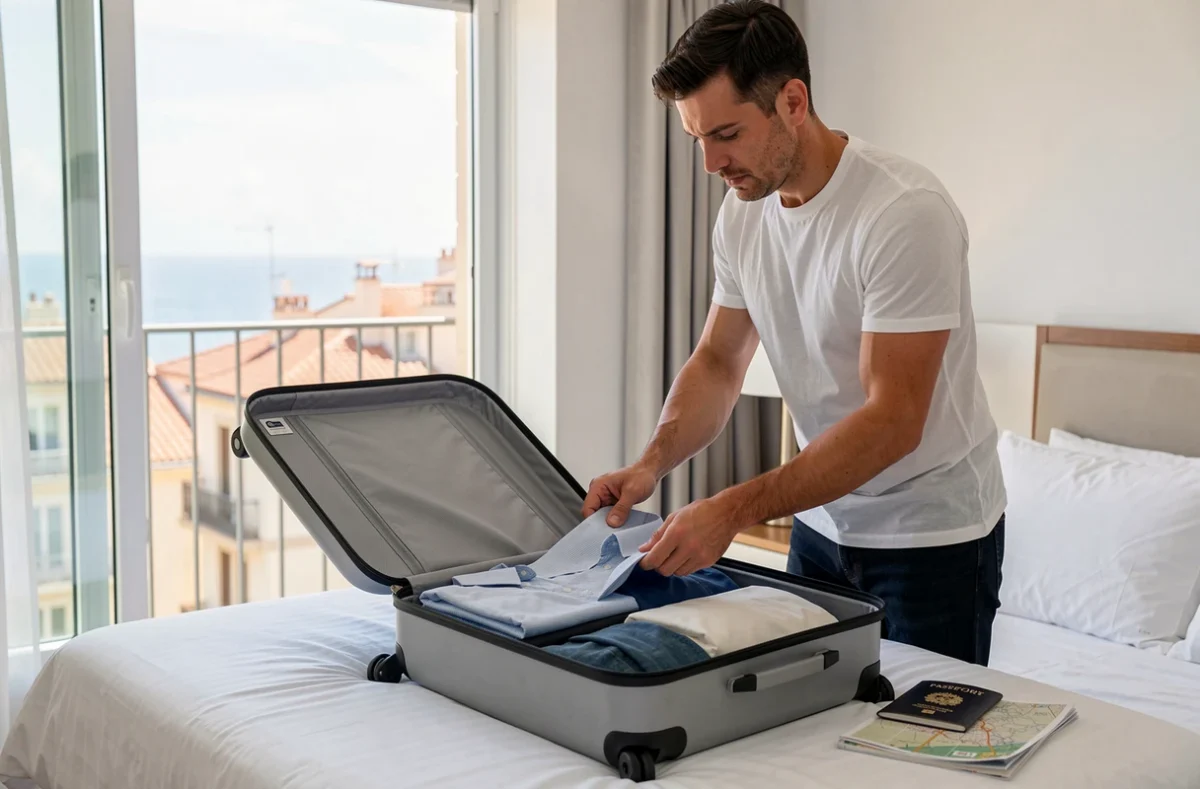 Homme préparant sa valise dans une chambre d'hôtel à Marseille avant de partir en croisière vers Venise