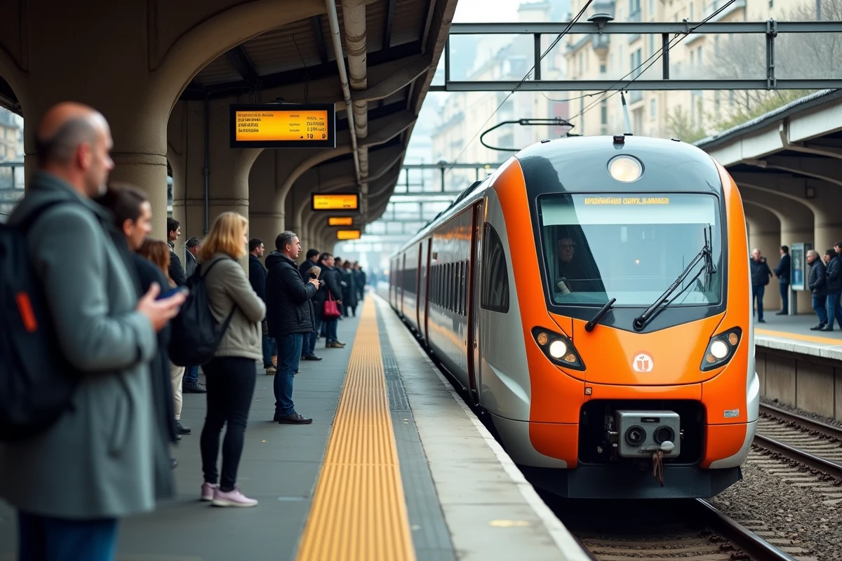 Quai de gare française avec un train régional à l'heure, passagers attendant le départ