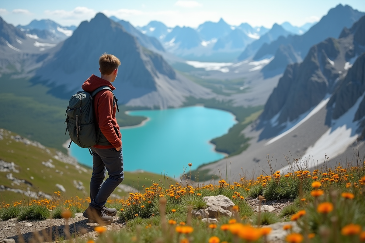 Jeune randonneur contemplant la flore en haute montagne