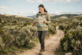 Randonneuse sur le sentier de la Pointe du Salaison avec carte en main, entourée de garrigue méditerranéenne