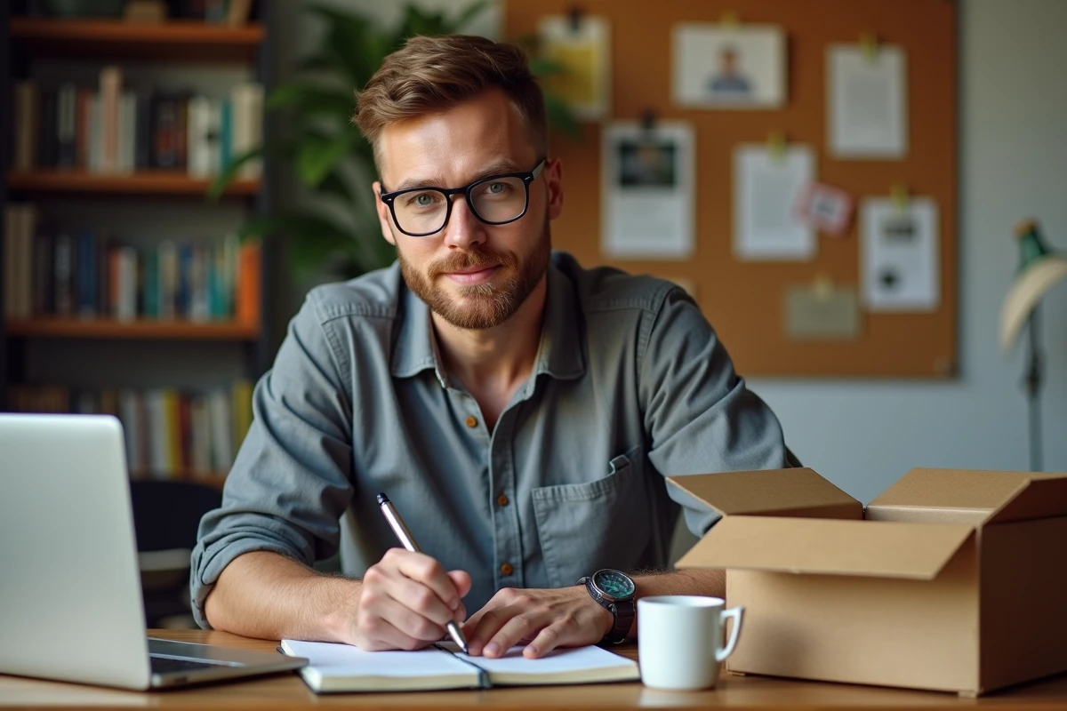 Homme rédigeant un avis sur sa box voyage abonnement dans un bureau à domicile avec journal et ordinateur