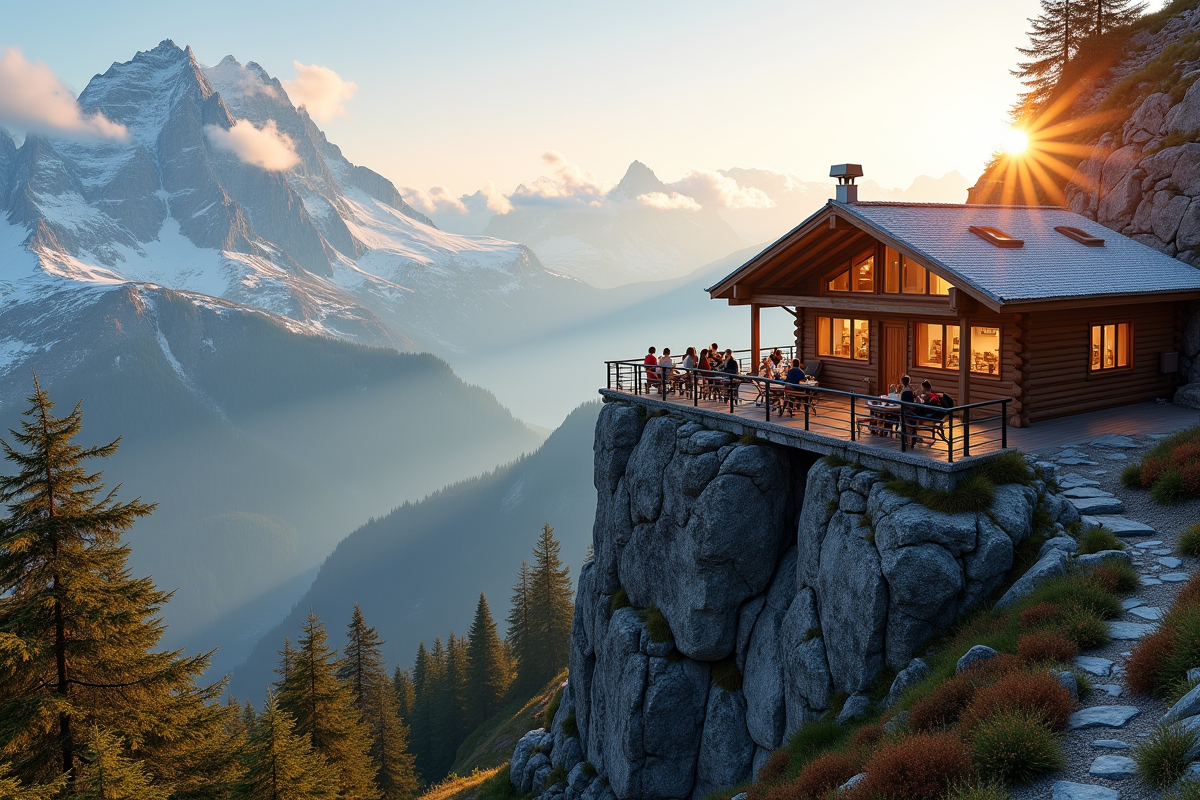 Refuge de montagne au lever du soleil sur les sommets enneiges