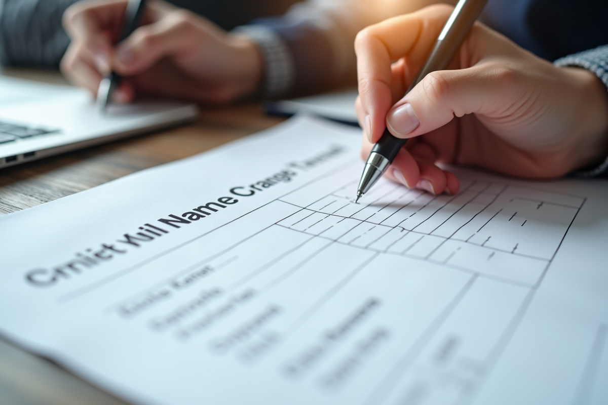 Main remplissant un formulaire de changement de nom sur un billet