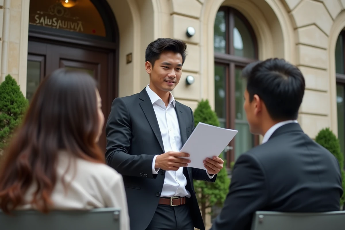 Jeune homme indonesien rassurant un couple devant l