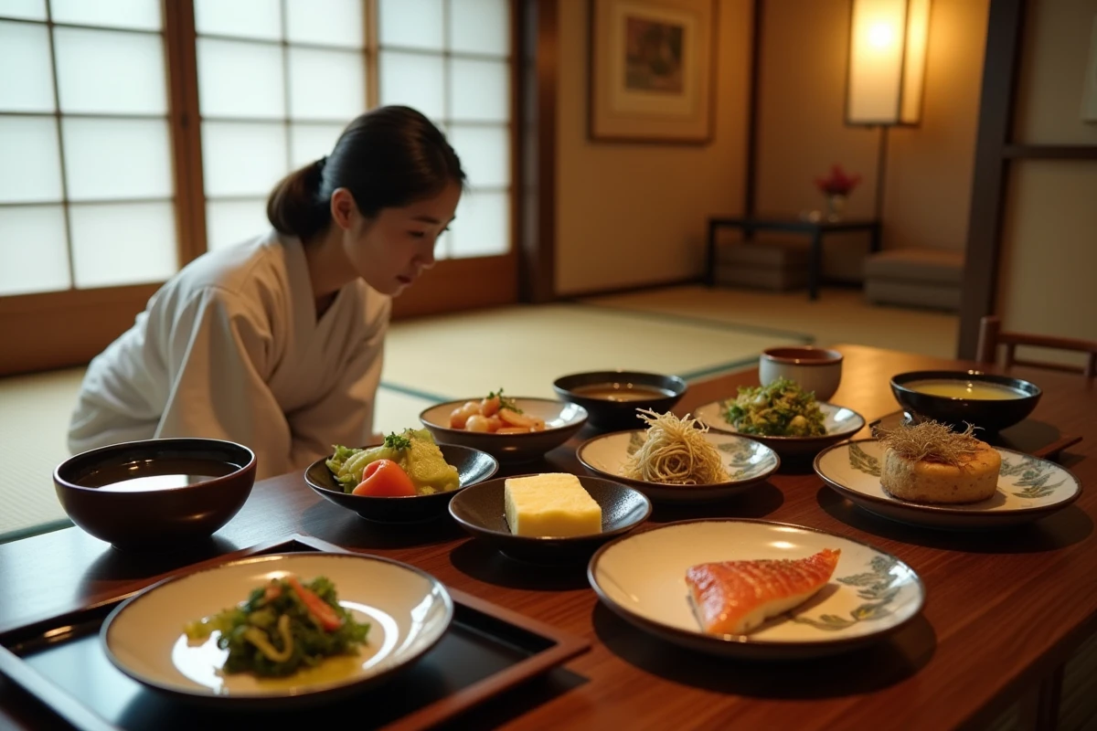 Repas kaiseki traditionnel servi dans un ryokan de Nozawa Onsen avec légumes de montagne et femme en yukata