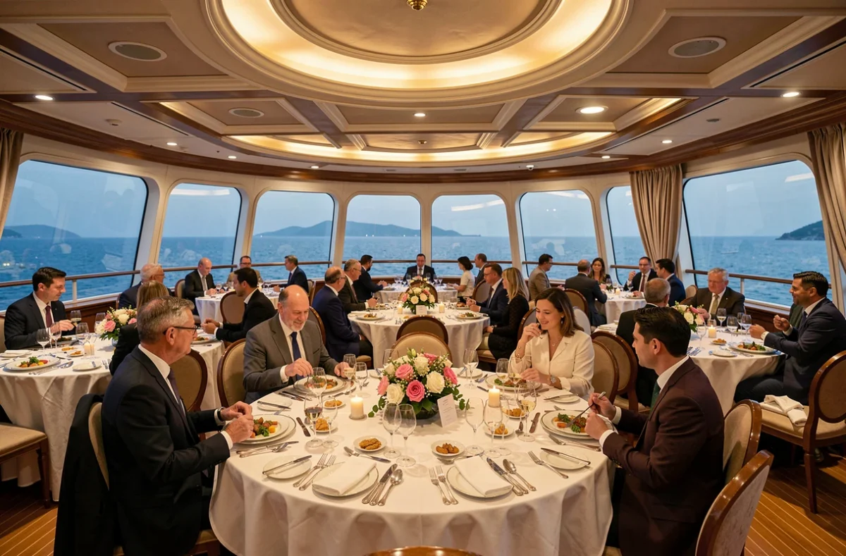 Salle de restaurant élégante d'un navire Costa Croisières avec dîner méditerranéen servi aux passagers