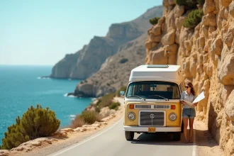Femme consultant une carte devant un van stationné sur une route côtière de Malte avec vue sur les falaises calcaires et la mer Méditerranée