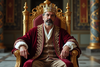 Roi assis sur un trone doré avec couronne et cape en velours