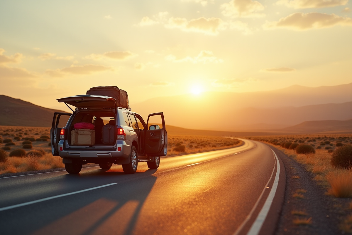 Route sinueuse au coucher du soleil avec SUV garé