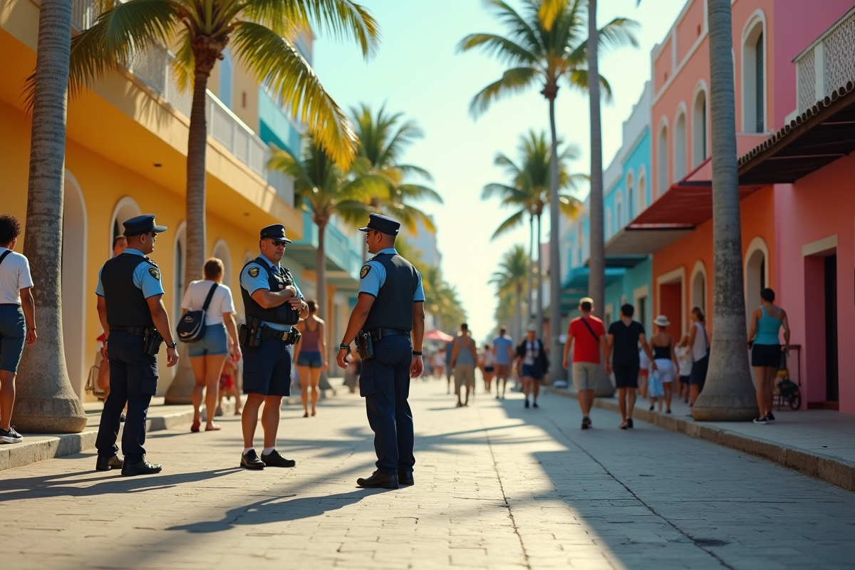 Rue animée à Cancun avec touristes et policiers