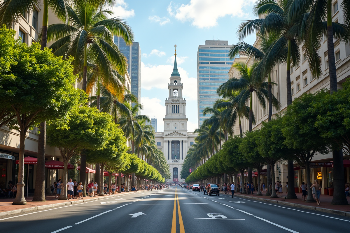 Rue animée à Honolulu avec drapeau américain et palmiers