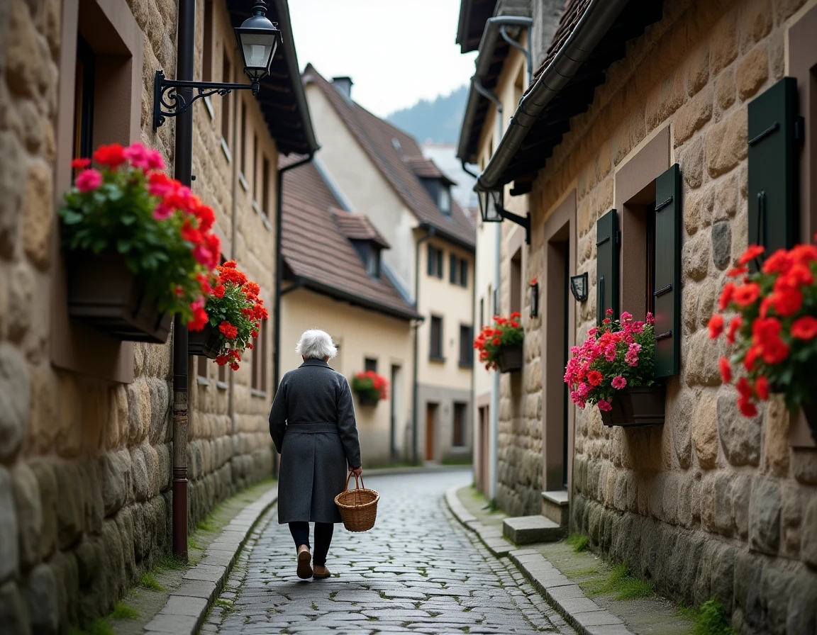 Ruelle pav&eacute;e typique du village de Hallstatt avec maisons &agrave; colombages et jardini&egrave;res de g&eacute;raniums en fleurs