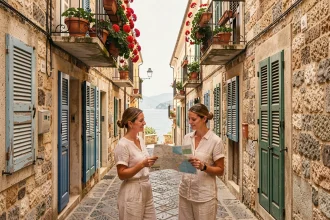 Deux voyageuses consultant une carte dans une ruelle pavée de Taormina en Sicile avec vue sur la mer Ionienne