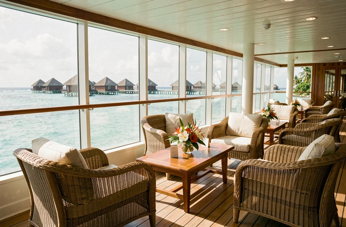 Salon élégant à bord du navire de croisière Paul Gauguin avec vue sur le lagon polynésien