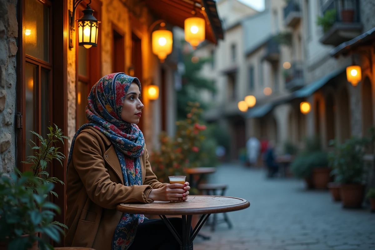 Jeune femme iranienne dégustant un thé dans un salon de thé traditionnel en plein air à Hamadan au crépuscule