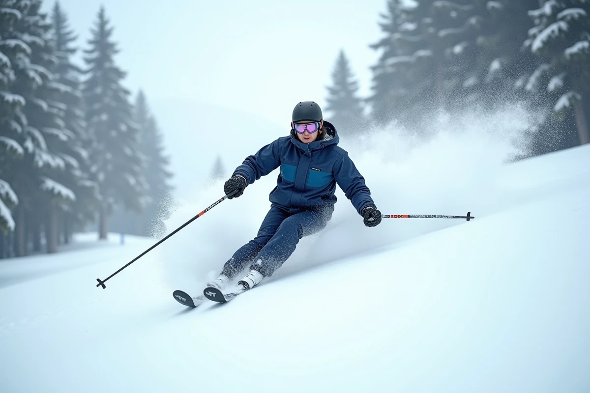Skieur en veste marine effectuant un virage sur les pistes enneigées du domaine skiable de Nozawa Onsen entouré de sapins